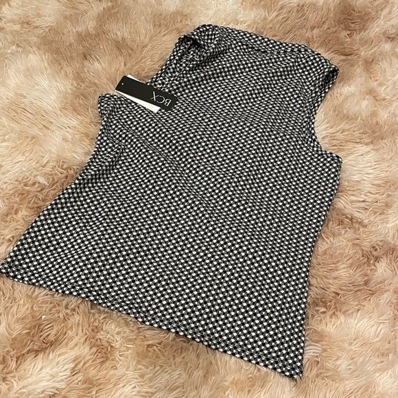 NWT BCX Black & White Stretch Ruched Sleeveless Polo Blouse Top Gingham Medium - Picture 3 of 8